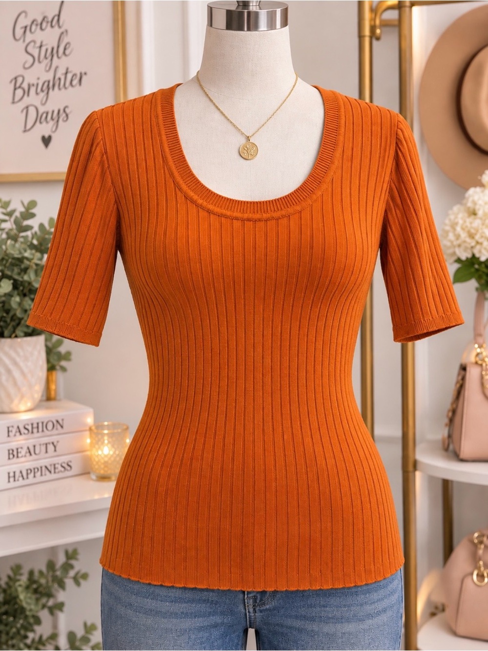 22/24 Avenue Orange Ribbed Short-Sleeve Scoop Neck Top